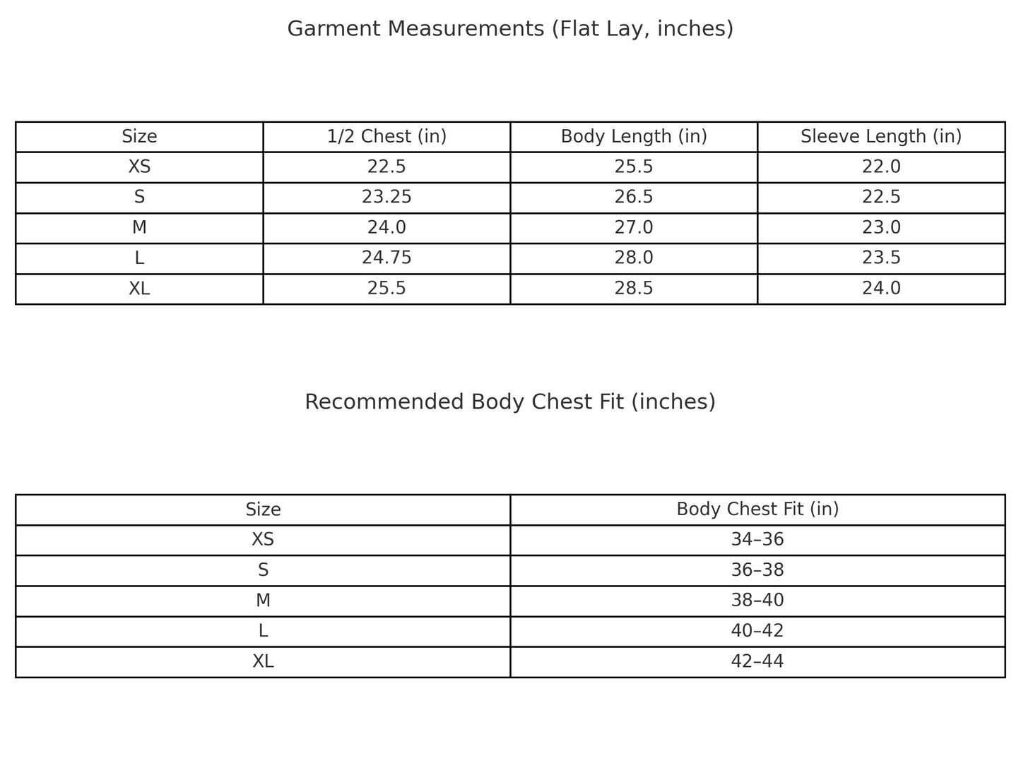 Garment measurements chart with sizes, chest, length, and sleeve lengths.