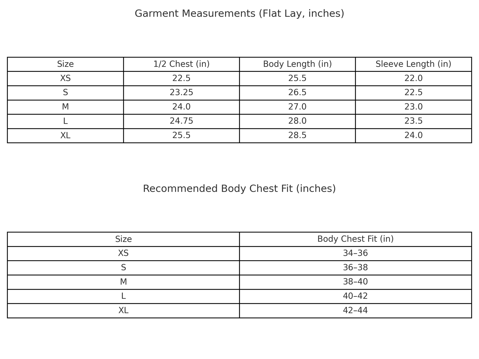 Garment measurements chart with sizes, chest, length, and sleeve lengths.