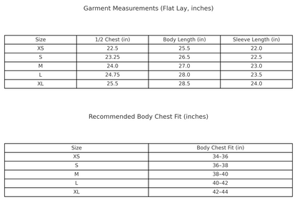 Garment measurements chart with sizes, chest, length, and sleeve lengths.